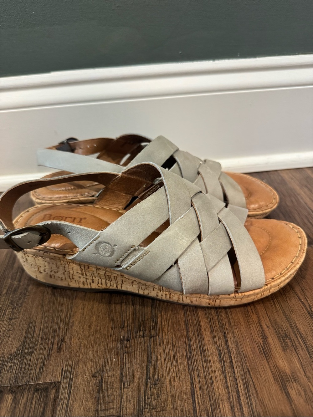 Born Woven Leather Slingback Wedge Sandals - Light Gray